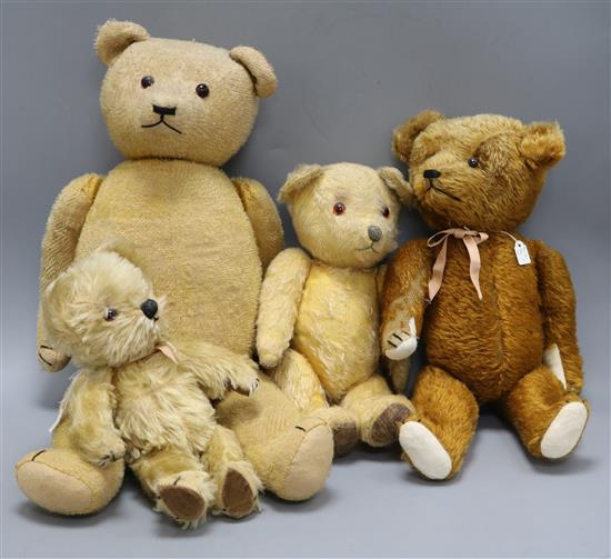 Four vintage teddy bears: Chad Valley, c.1950s, English c.1950s, German 1920s and Perry